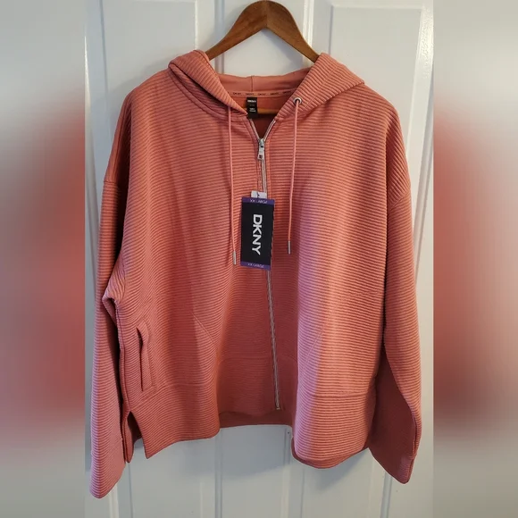 DKNY Ribbed Zip Hoodie in Dusty Rose Pink - Picture 1 of 4